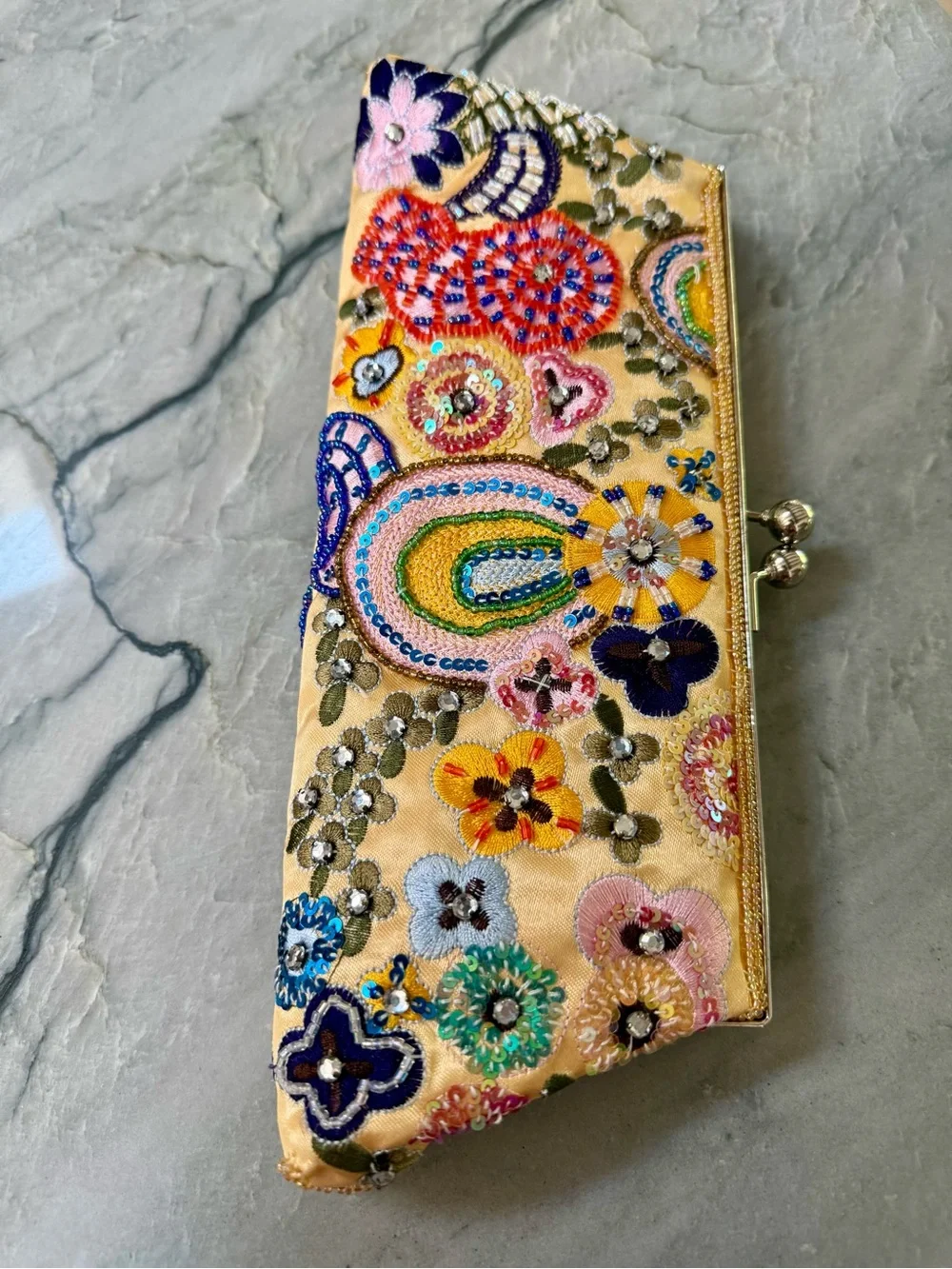ANTHROPOLOGIE Embroidered Floral Beaded Clutch - Yellow